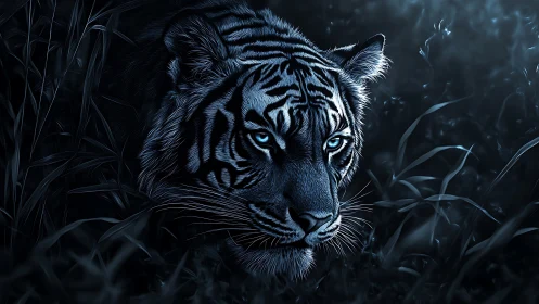 Tiger head in low-key blue digital rendering at nightfield.