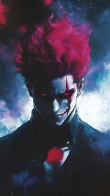 Sinister crimson clown in moody, high-contrast portrait.