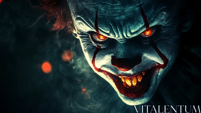 Close-up digital portrait of sinister glowing-eyed clown.