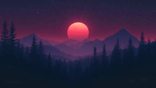 Velvet twilight moonrise bathes calm mountains in rosy light