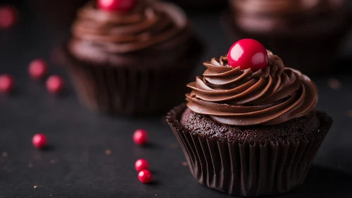 Chocolate cupcakes with red pearl decorations on dark surface.