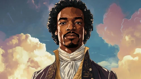 Regal Black man in 18th century attire under luminous clouds