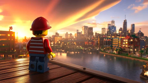 Lego builder gazes over a glowing riverside city sunset.