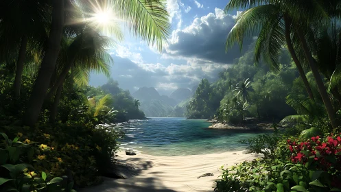 Tropical Beach Cove Surrounded by Lush Palm Trees and Mountains.