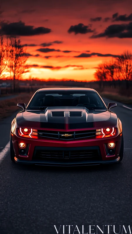 Muscle car charges forward under blazing sunset sky.