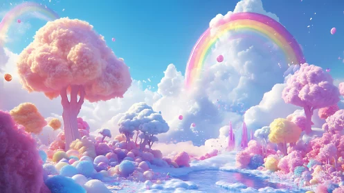 Candy cloud forest shimmers beneath a glowing pastel rainbow
