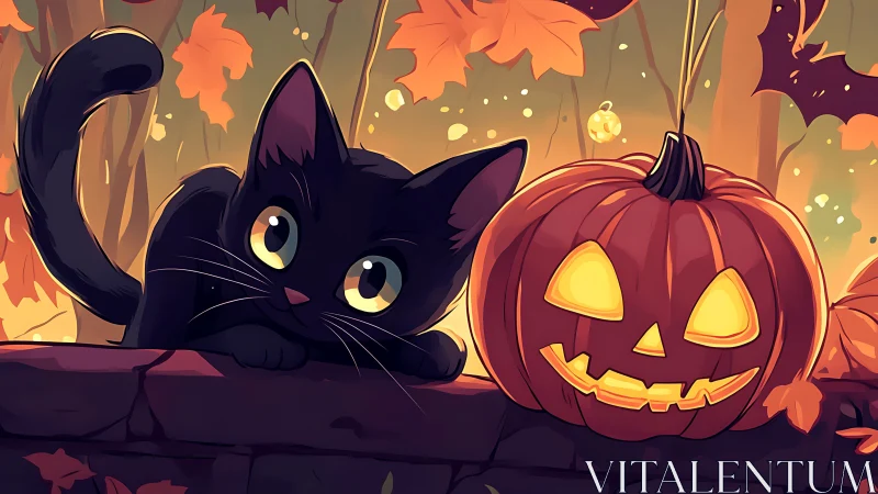 Black Cat and Jack-o'-Lantern in Autumn Leaves.