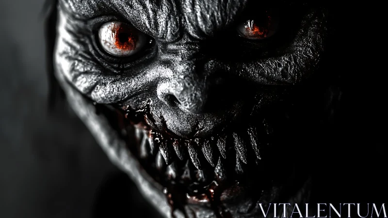 Grotesque monochrome creature face fills the dark frame