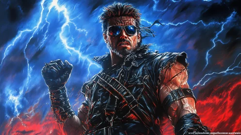 Cyber warrior stands amid electric blue and red storm.