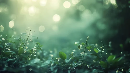 Dewlit wildflowers whisper under emerald morning haze.