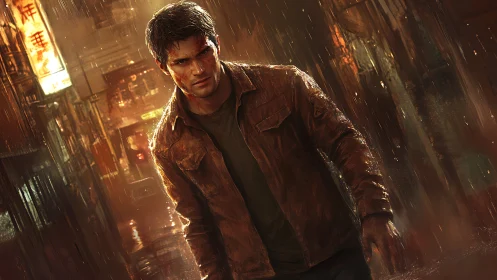 Male figure walks through wet urban alley in heavy rain