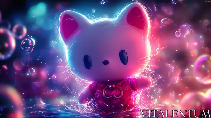 Neon-lit cartoon cat figure stands in reflective liquid environment