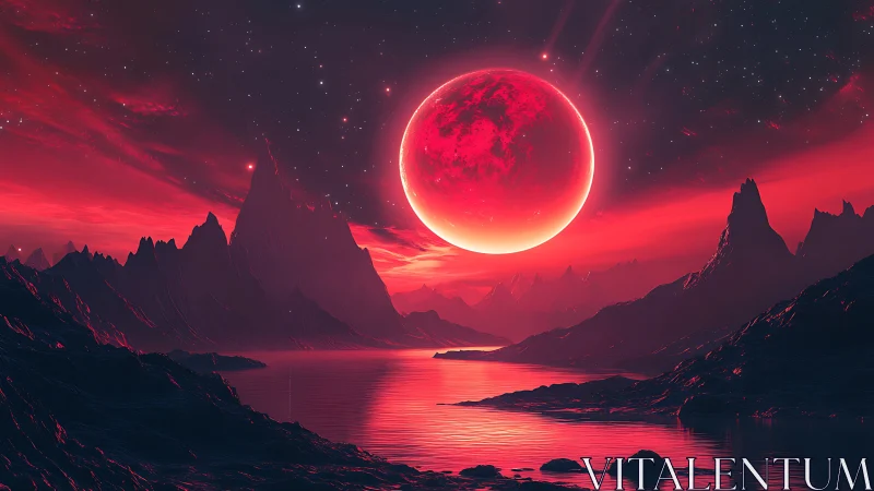 Crimson moon rolls above razor peaks and liquid fire horizon