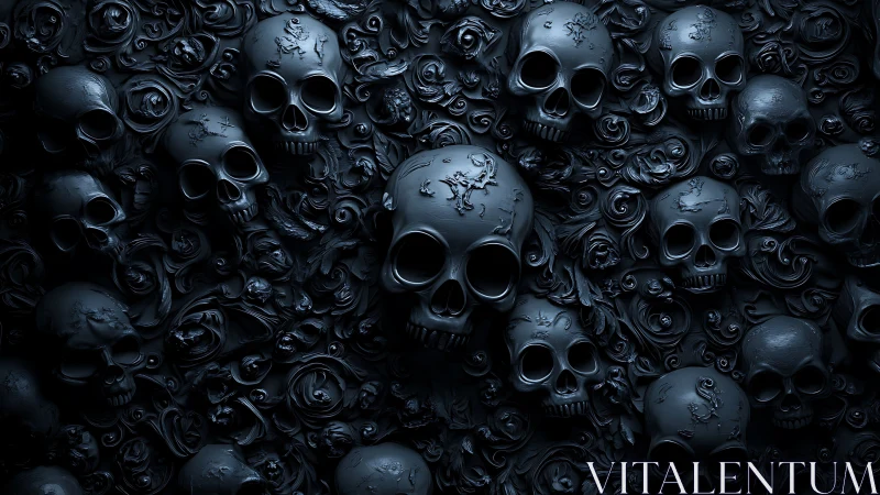 Dark skull relief wall with dense floral pattern texture.