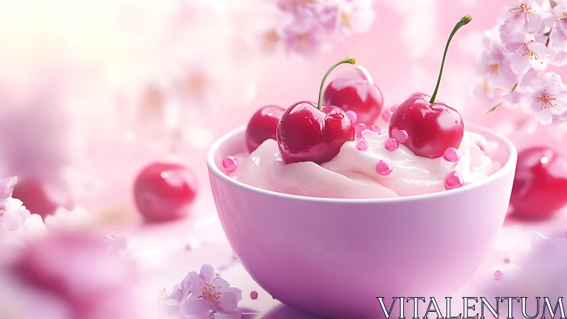 Cherry yogurt dessert rests in a dreamy pink spring glow