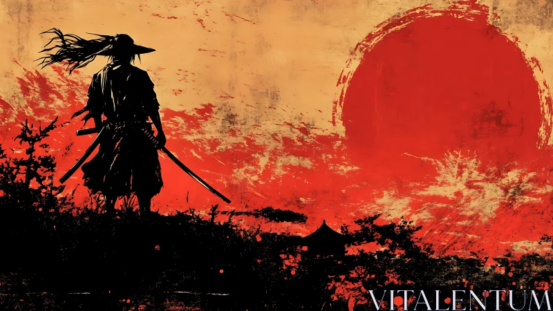 Lone ronin silhouettes against a wild bleeding sunstorm.