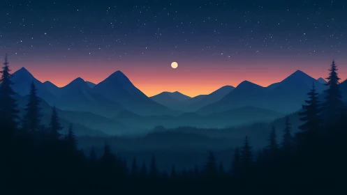 Gentle twilight moonrise above peaceful blue mountain pines.
