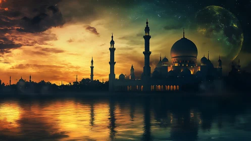 Dreamlit mosque by the water under a glowing twin sky.