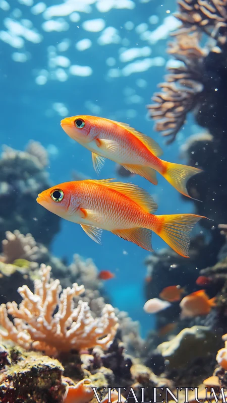 Twin orange reef fish gliding through sunlit corals.