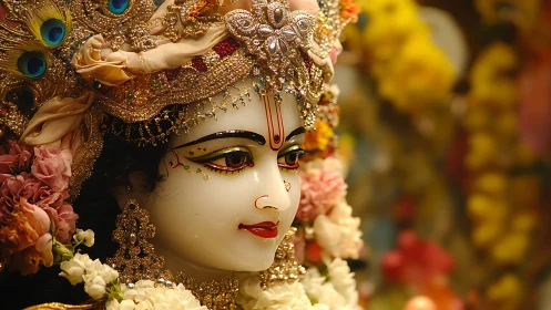 Hindu deity statue in ornate floral and jeweled adornment.