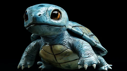Blue baby turtle creature on dark background portrait.