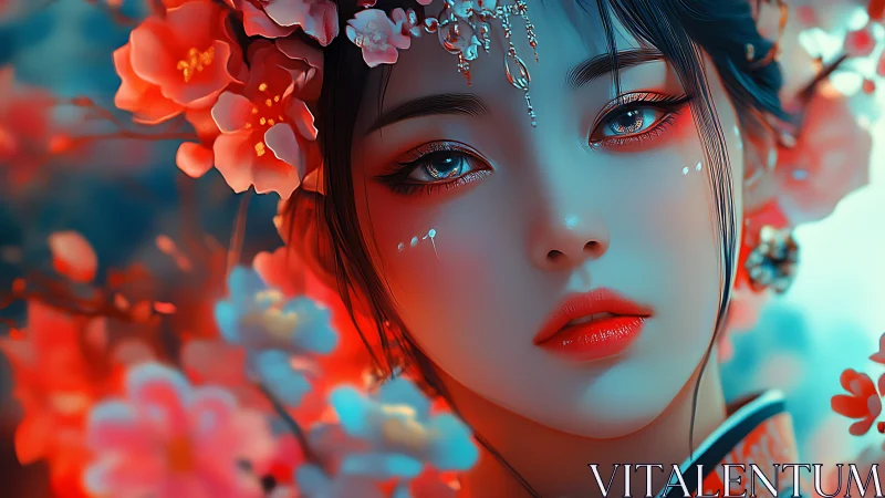 Dreamy blossom maiden with soft eyes and glowing petals.