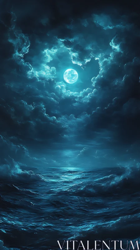 Moonlit waves rise gently beneath a glowing midnight sky