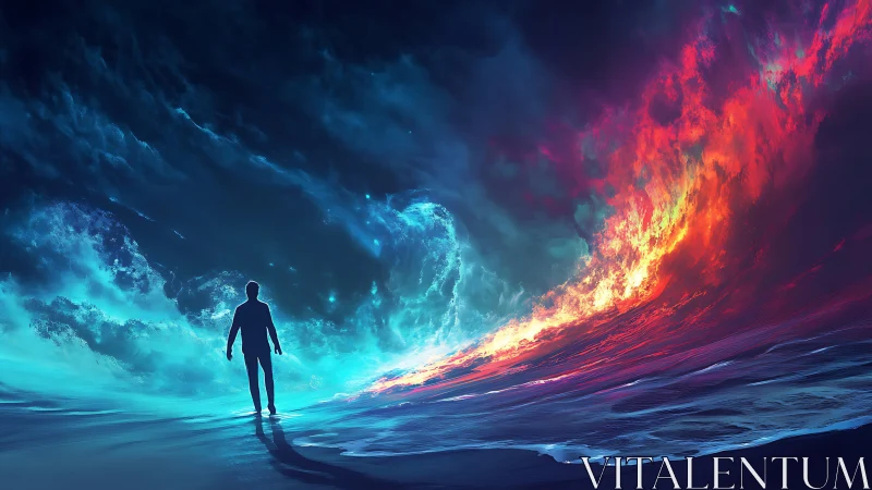Solitary figure between opposing waves of blue and firelight.
