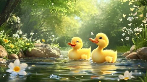 Digital painting of ducklings in sunlit woodland stream environment.