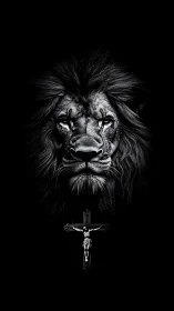 High contrast monochrome lion portrait aligned above crucifix symbol