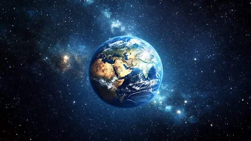 Rendered Earth globe floats in star-dense deep space field