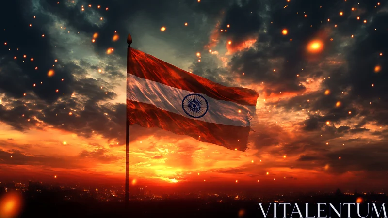 Fiery sunset sky crowns the Indian flag with glowing embers.