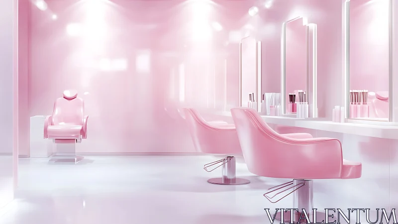 Minimal pink beauty salon interior with glossy styling chairs.