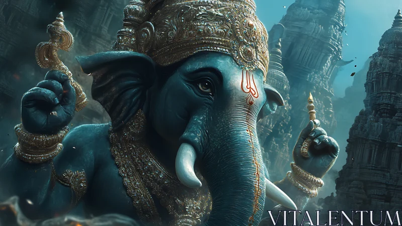 Majestic elephant-headed deity rises among ancient temples