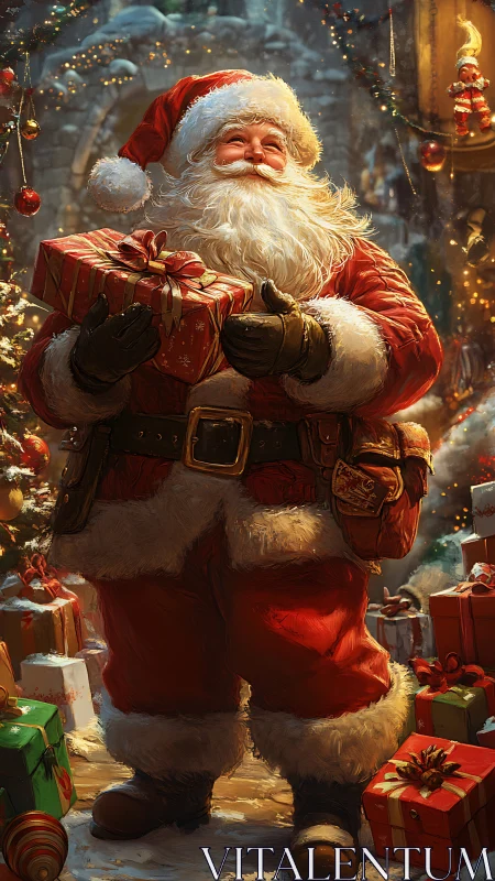 Santa Claus holds wrapped gift amid decorated winter scene