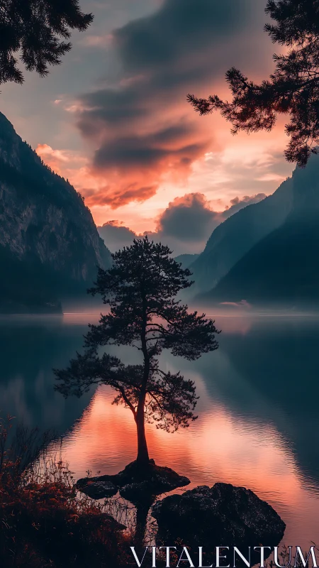 Solitary lakeside tree reflects dusk fire across still water