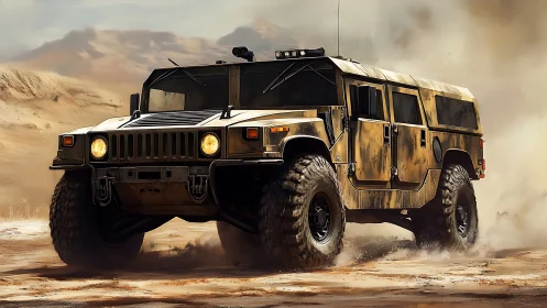 Armored desert utility vehicle in dynamic off‑road motion.
