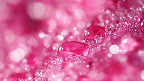 Macro view shows translucent droplets on pink bokeh field