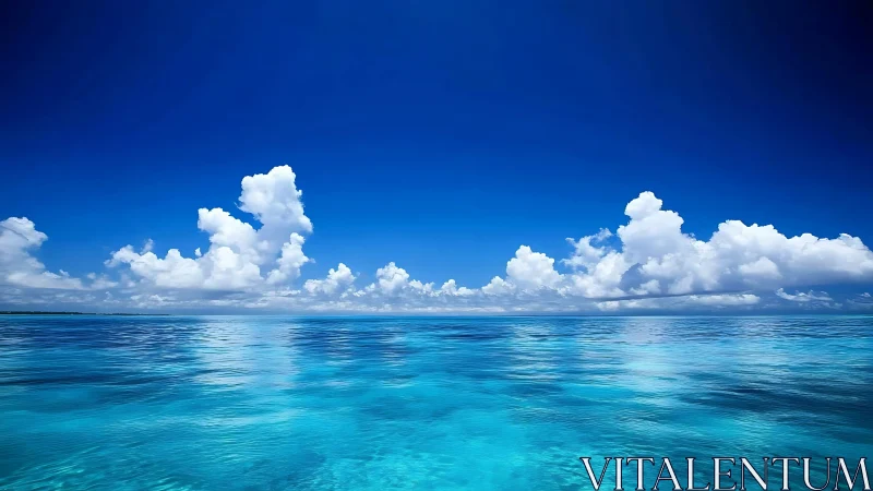 Calm tropical ocean reflects bright cumulus clouds and sky