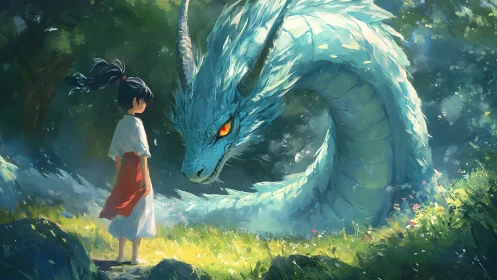Young robed child confronting coiled azure forest dragon