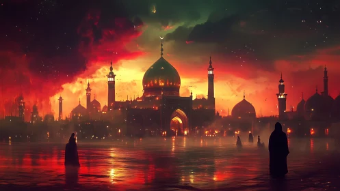 Golden domed city glowing under a fiery twilight sky.