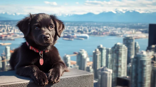 Black puppy portrait on urban rooftop ledge, harbor skyline
