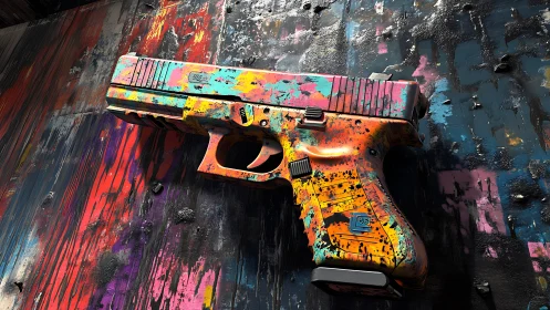 Color-splattered handgun on textured grunge wall background.