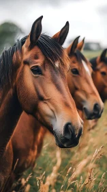 Chestnut horses stand in golden summer meadow portrait