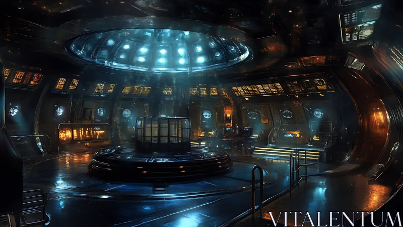 Futuristic starship control room with central reactor.