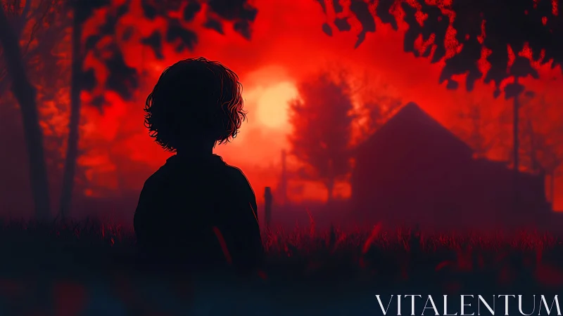 Child silhouette against red dusk over rural houses.