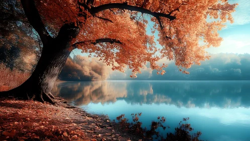 Large lakeside tree with orange foliage reflects on calm water