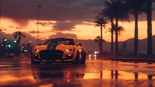 Orange muscle car on wet coastal boulevard at sunset rain