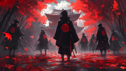 Cloaked sword bearers in red forest before tiered temple.