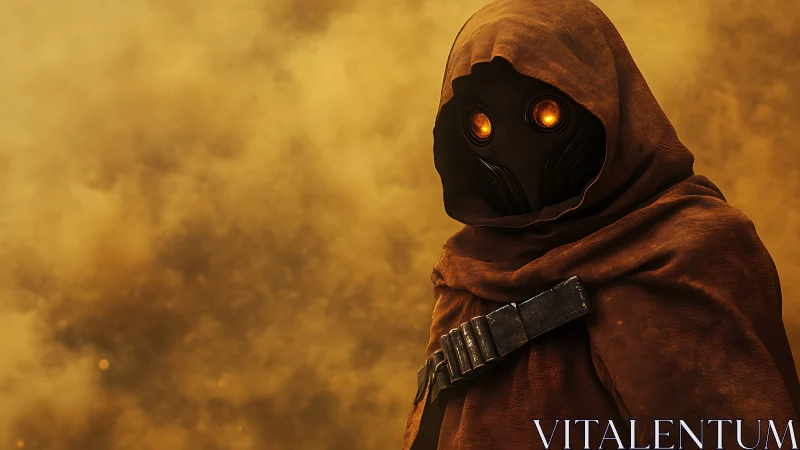 Hooded desert wanderer with glowing lenses in volumetric dust haze